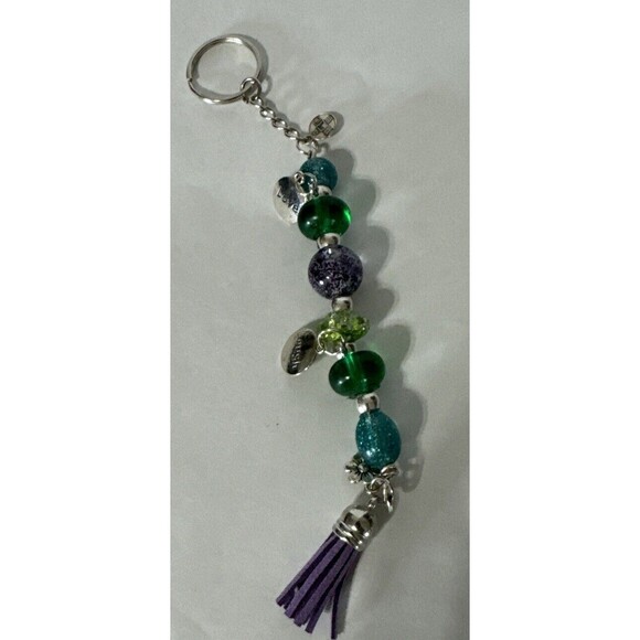 Handmade Epoxy Resin Key Chain Or Purse Charm Green Purple Blue Glitter Beads - Picture 1 of 7